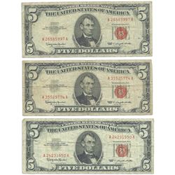 1963 $5 Fine Red Seal Bill Lot of 3