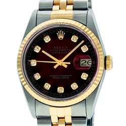 Rolex Mens 36mm Two Tone Yellow Gold Red Vignette Diamond DateJust Wristwatch