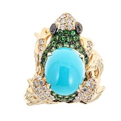 2.82 ctw Turquoise, Tsavorite and Diamond Ring - 14KT Yellow Ring