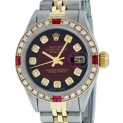 Ladies Rolex Two Tone Red Vignette Diamond and Ruby Datejust Wristwatch