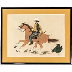 Beatien Yazz Framed Painting: Cowboy riding horse