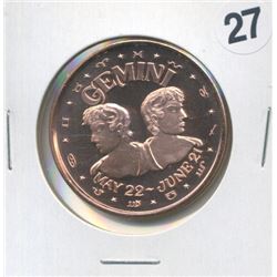 Gemini Zodiac One Ounce .999 Copper Round