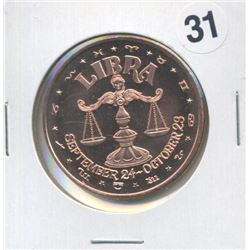 Libra Zodiac Sign Scalces One Ounce .999 Copper Round