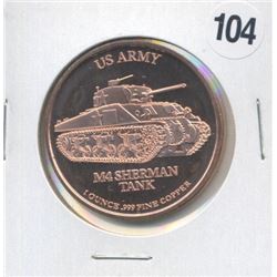 US Army M4 Sherman Tank One Ounce .999 Copper Round
