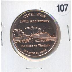 Civil War Monitor Vs. Virginia One Ounce .999 Copper Round