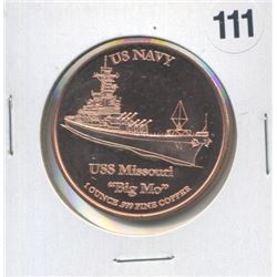 US Navy USS Missouri Big Mo One Ounce .999 Copper Round