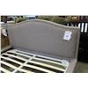 Image 2 : BRAND NEW QUEENSIZE HUNTINGTON BEDFRAME PLATFORM STYLE WITH STUDDED BRASS ACCENT IN GREY FABRIC RETA