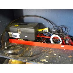 RED TRAY OF MISC/SMALL TOOLBOX & CONTENTS/BANDSAW BLADES