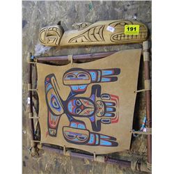 NATIVE LEATHER WALL HANGING/WOODEN CARVING BY ROGER GUSS