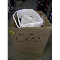 BOX OF SMALL ORNAMENTS/SMALL TUB OF ELECTRICAL SUPPLY