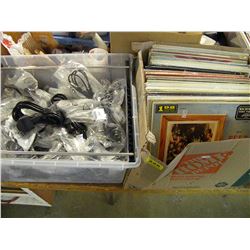 LARGE TUB OF MISC POWER CORDS/BOX OF RECORDS