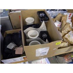 BOX OF LEATHER SAMPLES/BOX OF FOOD CONTAINERS/DECOR/GLASSWARE