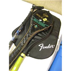 RACKET BALL & TENNIS RACKET/PAIR OF SKII POLES/FENDER GUITAR CASE