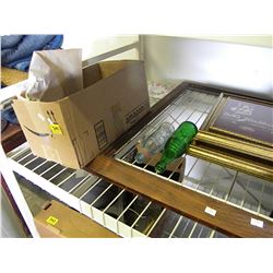 BOX OF VINTAGE POP BOTTLES/4 PICTURE FRAMES