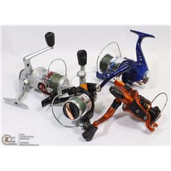 BOX WITH 4 OPEN FACE FISHING REELS, 2 SHAKESPEARE