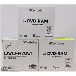 3 CASES OF 5 VERBATIM CD/DVD RAM DOUBLE SIDED DISC