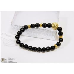 #8-NATURAL BLACK AGATE BEAD BRACELET 7.5"