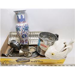 BOX OF ANTIQUES, KITCHEN ITEMS AND MORE