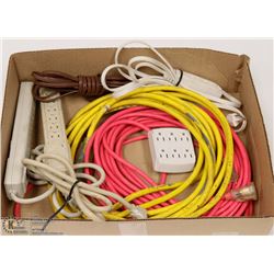 BOX OF EXTENSION CORDS, POWER BARS AND