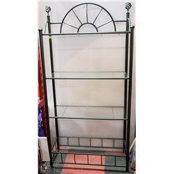 GREEN METAL SHELF UNIT WITH 4 GLASS SHELVES