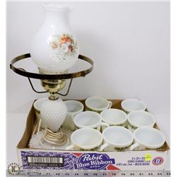 SMALL ANTIQUE MILK GLASS TABLE LAMP & 10 PYREX