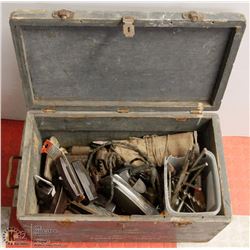 VINTAGE WOOD TOOLBOX WITH CONTENTS - INCLUDES