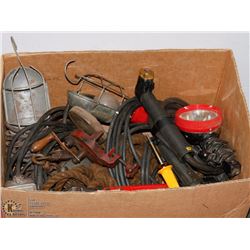 BOX OF ASST TOOLS, INCLUDES TREBLE LIGHTS, STICK