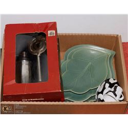 BARTENDING SET, 3 PIECE SERVING SET & COW PRINT