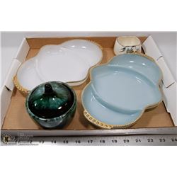 2 FIRE-KING PICKLE DISHES, BLUE MOUNTAIN SUGAR BOW