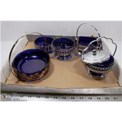 5 COBALT BLUE DISHES & 2 LIMOGES VASES
