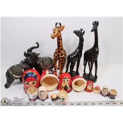 SET OF 3 WOODEN GIRAFFE 10H W/ELEPHANTS