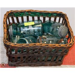 LOT OF 8 BLUE GLASS JARS, 4 ZINC TOPS & 4 GLASS