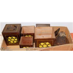 4 PIECE WOODEN CANISTER SET  &  ANTIQUE TOASTER