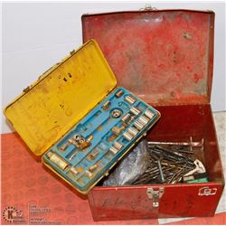 RED TOOL BOX FULL OF DRILL DRIVES AND SOCKETS