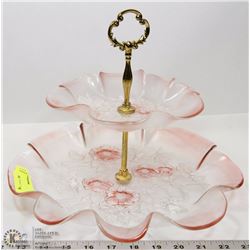 TWO TIER PINK GLASS SERVING TRAY