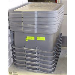 LOT OF 6 GREY BUS PANS WITH 10 LIDS