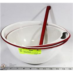 PAIR OF VINTAGE ENAMEL BOWLS & LADLE