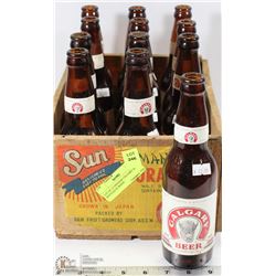 LOT OF 12 VINTAGE CALGARY BEER BOTTLES IN WOOD
