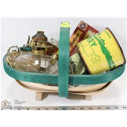 BASKET WITH ANTIQUE HURRICANE LAMP AND 4