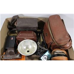 BOX W/VINTAGE AND DIGITAL CAMERAS AND