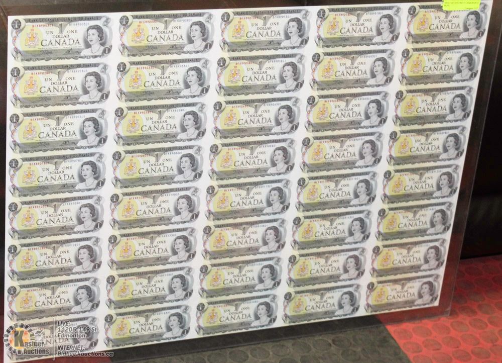 SHEET OF 1973 UNCUT CANADIAN 1 BILLS
