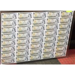 SHEET OF 1973 UNCUT CANADIAN $1 BILLS