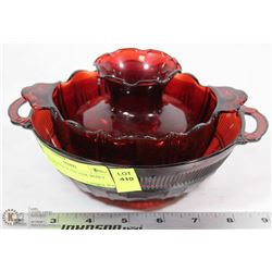 CRANBERRY GLASS VASE WITH 2 BOWLS