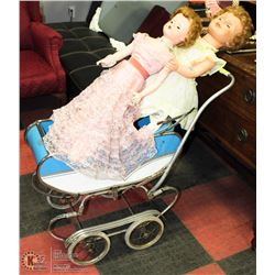 2 VINTAGE DOLLS WITH STROLLER