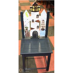 FOLK ART HIGH BACK WOOD CHAIR - 42"HX18"WX16"D