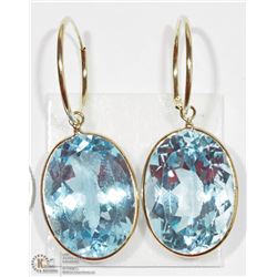 14K YELLOW GOLD LARGE BLUE TOPAZ HOOPE EARRINGS