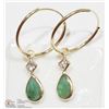 Image 2 : 14K YELLOW GOLD EMERALD & DIAMOND HOOP EARRINGS