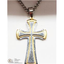STAINLESS STEEL 2-TONED CROSS PENDANT W/ CHAIN
