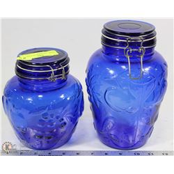 SET OF 2 VINTAGE BLUE GLASS LIDDED JARS WITH