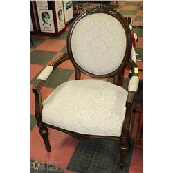 WOOD CARVED AND FABRIC ARMCHAIR